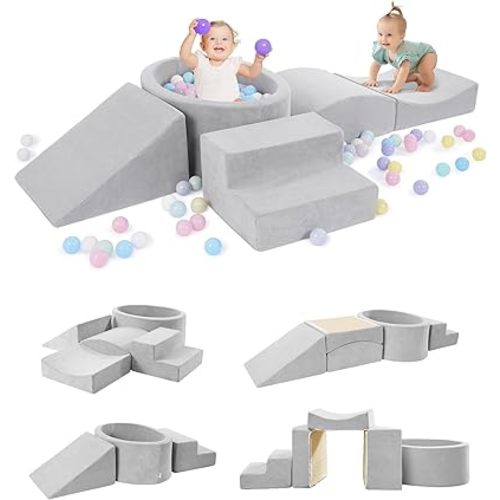 Foam Climbing Blocks with Ball Pit Designed for Toddlers Aged 1-3 -Great for Indoor Crawling, Inside Foam Playground Set for Little Ones to Active Playing -(Balls NOT Included) Grey