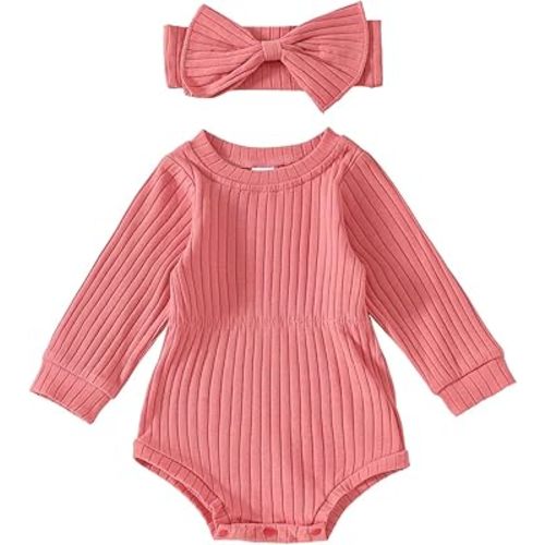Karwuiio Newborn Baby Girl Fall Outfits Long Sleeve Ribbed Knit Jumpsuit Romper with Headband Infant Clothes Sets