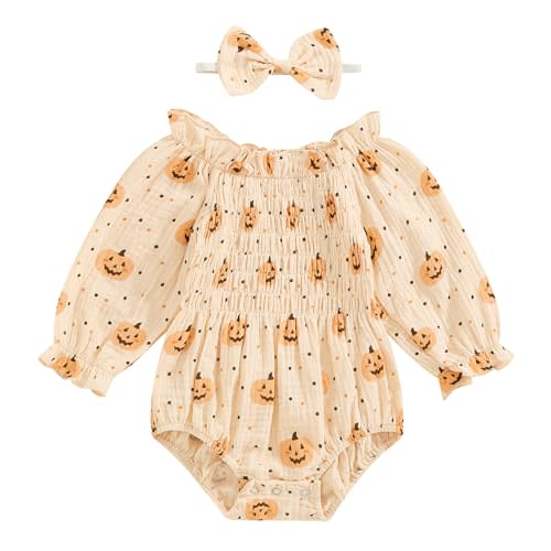 Newborn Baby Girl Halloween Outfit Long Sleeve Pumpkin/Ghost Print Romper + Headband Infant Halloween Clothes