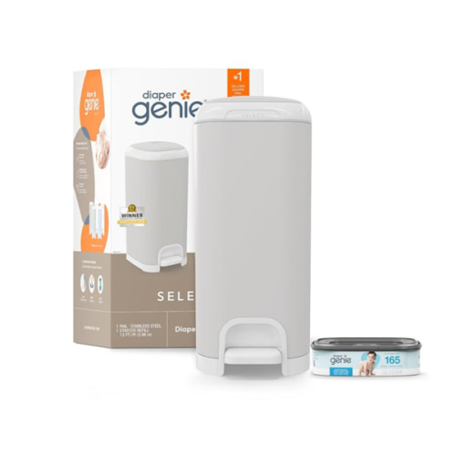 Diaper Genie Select Pail (Grey) is Made of Durable Stainless Steel and Includes 1 Starter Square Refill That can Hold up to 165 Newborn-Sized Diapers.