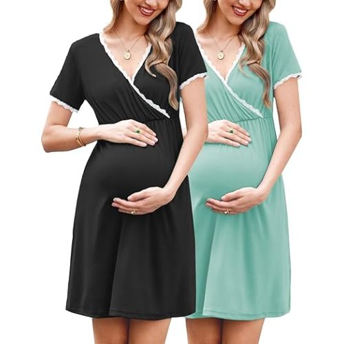 Ekouaer Nursing Nightgown 2 Packs Delivery and Labor Gown for Hospital Short Sleeve Maternity Breastfeeding Dress