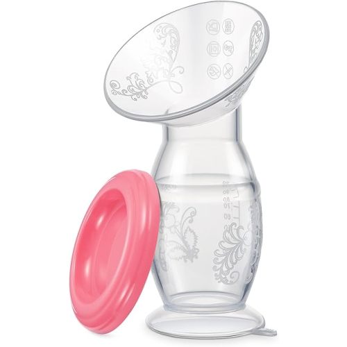 Manual Breast Pump, 4oz Food-Grade & BPA Free Silicone Pump with Lid, Breast Milk Collection, One-Size-Fits-All, High-Temperature Resistant, No-Leak Design (Pink)