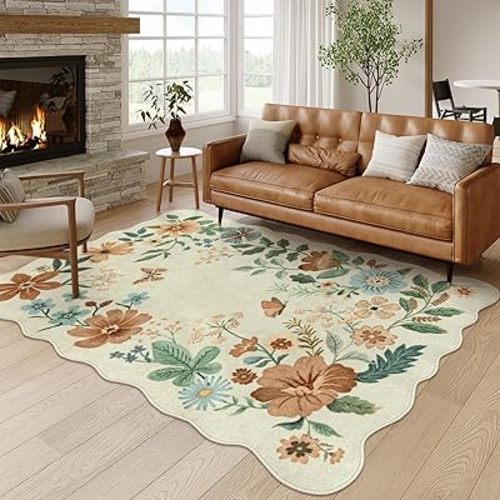 Lahome Floral Living Room Rug, 5x7 Rug for Bedroom Ultra-Thin Soft Dining Room Rug, Non Slip Washable Rug Stain Resistant Boho Rug Low-Pile Throw Rug for Office (5x7ft,Beige)