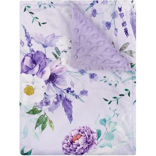 Soft Plush Minky Blanket 30x40 Inches with Double Layer Dotted Backing for Toddler Newborn, Purple Baby Crib Blanket for Nursery, Baby Car Seat, Pet, Floral