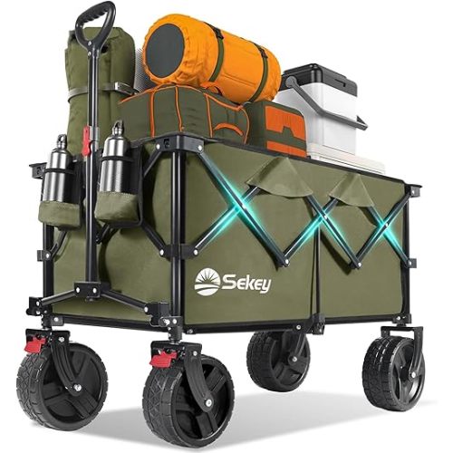 Collapsible Wagon Cart with Big All-Terrain Beach Wheels, Foldable Heavy Duty Wagons with Cup Holders, Utility Carts for Camping, Garden, Outdoor, Grocery, Sports. Khaki