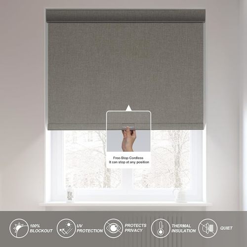 Boolegon Blackout Roller Shades for Windows,Cordless,Linen Fabric,Roller Blinds,Thermal Insulated Fabric UV Protection,Window Shades for Home,Office,Bedroom,Door,Blackout-White,78" W x 64" H