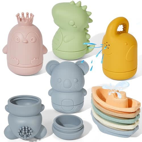 Silicone Bath Toys with Bath Boats, 9 PCS Mold Free Animal Bath Toy for Infants 6-12 Months, Eco-Friendly Non Toxic Water Table Toys Toddler Birthday Gift for Preschool Boys/Girls