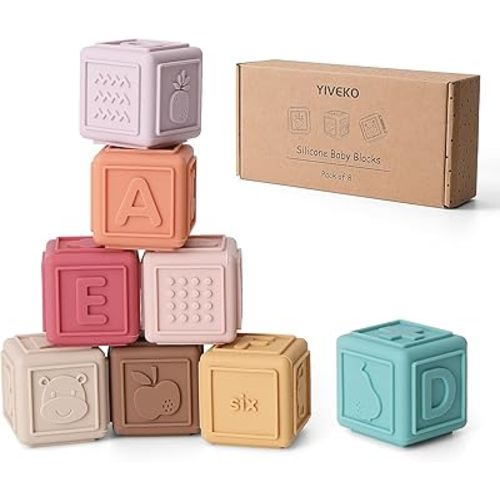 Baby Blocks Toys Stacking for Babies Silicone Soft Building Blocks Teethers Toys Montessori Toys for Babies Education Toys for Toddler Baby 8 PCS-Vintage