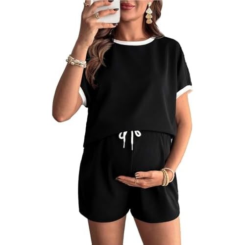 BLENCOT Women's Maternity Lounge Set Short Sleeve Top and Shorts Pajamas with Pockets