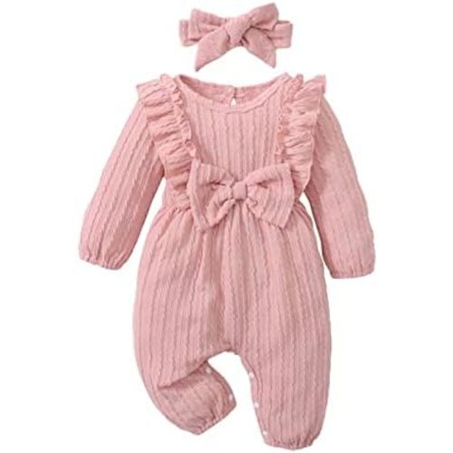 Toddler Children Ruffle Romper Outfit Long Sleeve Knitted Jumpsuit with Headband Set Infant Newborn Girl Clothes