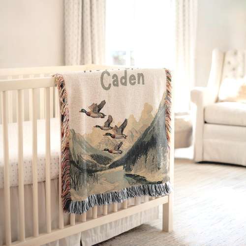 Mallard Duck Baby Blanket Personalized Hunting Boys Blanket Wildlife Name Blanket Woodland Cotton Woven Quilt Duck Heirloom Baby Gift