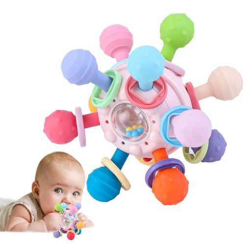 Baby Teething Toys, Baby Teether Montessori Sensory Toys for 0-6 6-12 Months, Boy Girl Gifts for Infant Newborn Toddler 0 3 6 9 12 18 Months, Easter Basket Stuffers Gifts - Pink