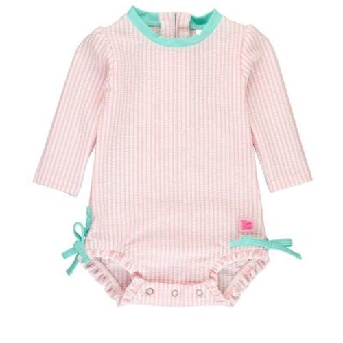 Rufflebutts Infant Seersucker Long Sleeve One Piece Rash Guard - Bright Aqua, Size: 12-18m
