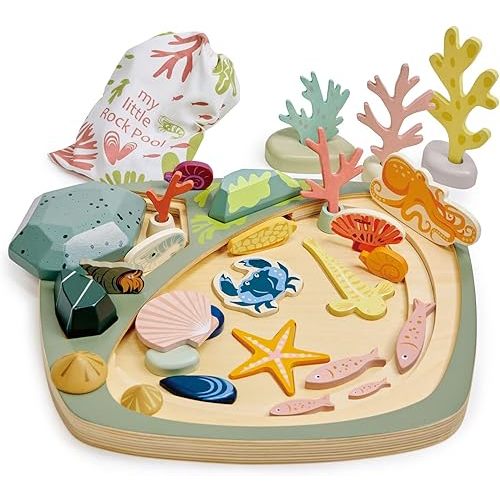 Tender Leaf Toys - My Little Rock Pool - 35 Piece Wooden Sea Life Set with Illustrated Drawstring Bag - Educational Play toy, Improve Fine Motor Skills, Shape Sorting Play for Boys and Girls - Age 3 +