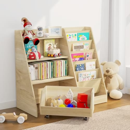 4-Tier Kids Bookshelf and Toy Storage, Book Shelf for Kids Rooms, Wooden bookcase for Toddler Children Baby in Nursery Playroom Living Room - Idea Gifts for Boys and Girls (Oak)