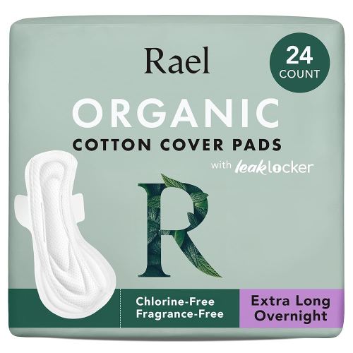 Rael Pads for Women, Organic Cotton Cover - Ultimate Absorbency, Feminine Care, Ultra Thin, Sanitary Napkins with Wings, Unscented (Extra Long Overnight, 24 Count)