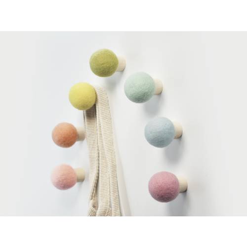 Pastel Rainbow Set of 7 round wood and wool wall coat hooks, rainbow wall art, decorative wall hooks for kids