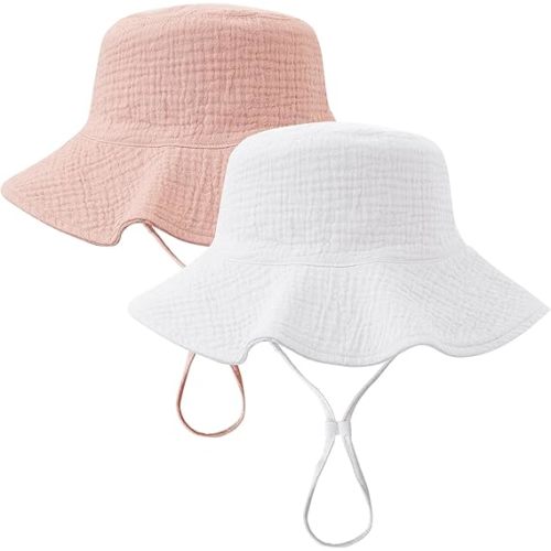 Konssy 2 Pack Muslin Baby Sun Hat UPF 50+ Sun Protection Baby Bucket Hat Summer Beach Hats with Wide Brim for Boys & Girls Pink-White
