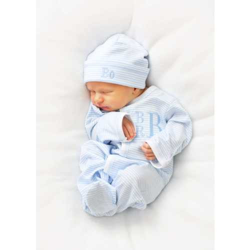 Baby boy coming home outfit, baby gift, Monogrammed footie, Monogrammed sleeper, blue mini stripes