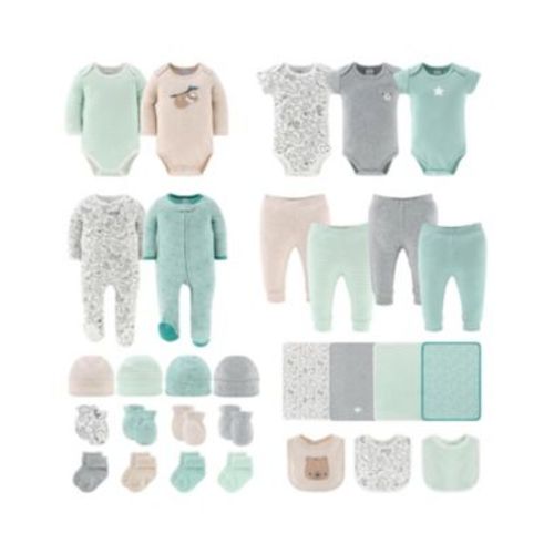 Restful Basics Newborn Layette Set for Baby Boys and Girls, 30-Pieces, Green/Grey