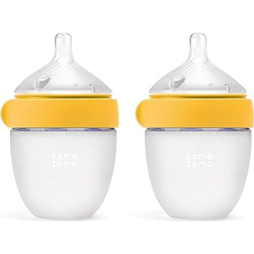 Comotomo Silicone Baby Bottle Gen 2 – 2026 Release (5oz) – True Slow-Flow Nipple for Newborn Feeding (0-3 Months) with Dual Anti Colic Vents for Breast to Bottle Transition, Yellow (Double Pack)