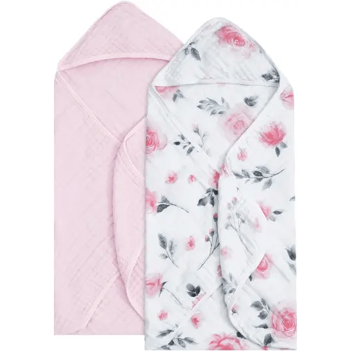 david's kids 2 Pack Hooded Baby Towels, 100% Muslin Cotton Ultra Soft Breathable Absorbent Baby Bath Towels for Infant Toddler and Kids, Newborn Essentials, Large 32x32Inch, Floral
