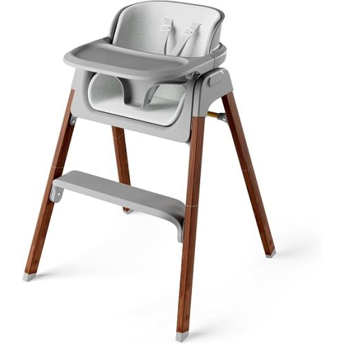 Fodoss Baby High Chair, Foldable Convertible, 5-Point Harness, Easy Clean Wood-Printed Metal Frame with Removable Tray, for Family (Gray & Walnut Wood-Printed Metal)