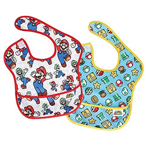 Bumkins Nintendo Super Mario SuperBib, Baby Bib, Waterproof, Washable, Stain and Odor Resistant, 6-24 Months (Pack of 2) - Classic & Icons - 6-24 Month (Pack of 2) - Super Mario - Classic/Icon