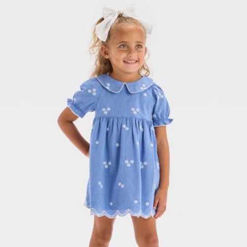 Toddler Girls' Floral Woven Dress - Cat & Jack™ Blue 4T: Chambray, Embroidered, Short Sleeve, A-Line