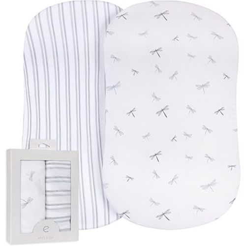 Ely's & Co. Fitted Bassinet Sheet 100% Jersey Cotton 2 Pack for Baby Boy Blue Dragonflies + Stripes