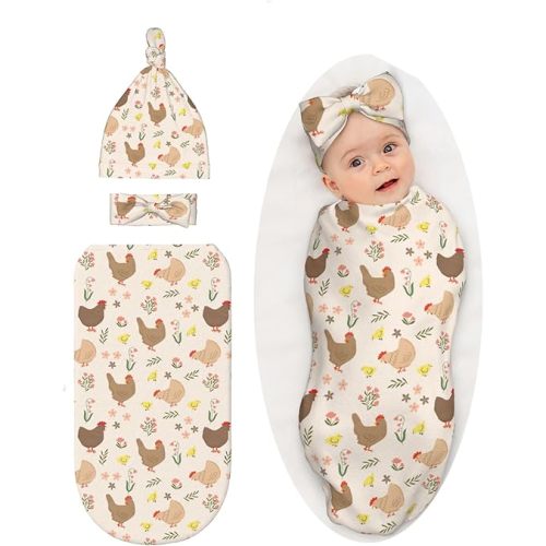 Cute Chicken Printed Swaddle Blanket with Hat and Bow Set, Rooster Sleeping Bag Swaddling Sack Shower Gift, Funny Baby Items Stuff