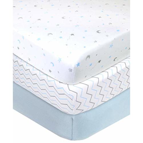 American Baby Company 3 Pack Fitted Crib Sheets 28" x 52", Soft Breathable Neutral 100% Cotton Jersey Sheet, Blue Star/Zigzag, for Boys and Girls, Fits Crib and Toddler Bed mattresses