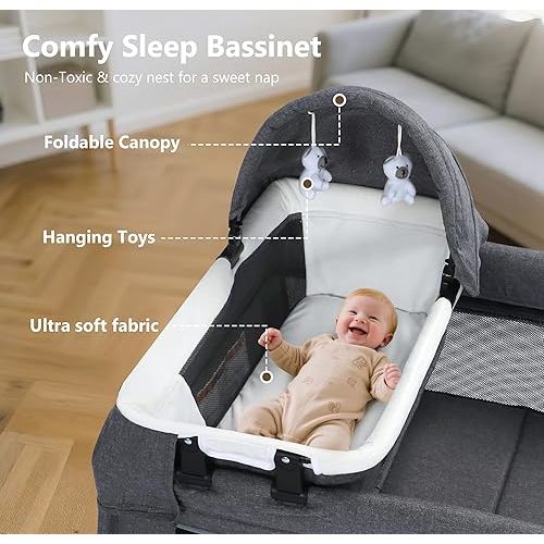 Kinder King 4 in 1 Foldable Pack and Play with Bassinet & Changing Table, Portable Playard for Babies and Toddlers, Adjustable Canopy, Storage Bag, Light Gray