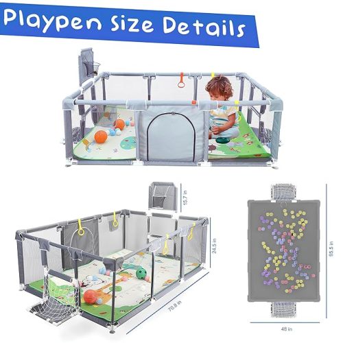 Upgrated Baby Playpen with Mat, Playpen for Babies and Toddlers, Large Playpen with Mat, Sport Playpen, Play Pen with Accessories, Baby Play Yards, PlayPen Indoor & Outdoor Activity, Sturdy Kids - Grey