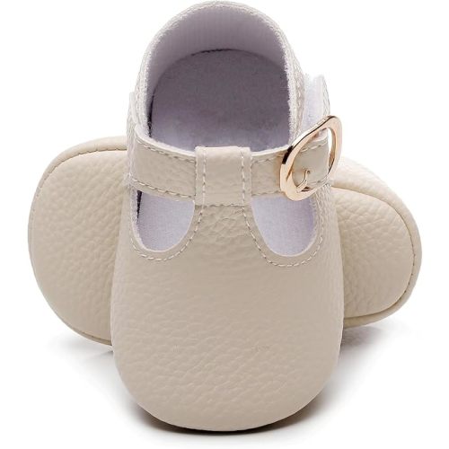 HONGTEYA Infant Baby Girl Mary Janes Flats PU Leather Non-Slip Soft Sole for Toddler First Walker Newborn Infant Crib Shoes Wedding Party Princess Baby Moccasins Girl Dress Shoes - 0-6 Months Infant - Beige