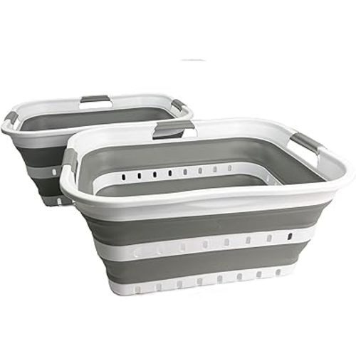 SAMMART 42L (11 gallons) Set of 2 Plastic Foldable Storage Basket/Container - Collapsible, Space Saving and Portable Laundry Hamper, Ideal for Home, Travel, Dorm, and Camping (2, White/Grey)