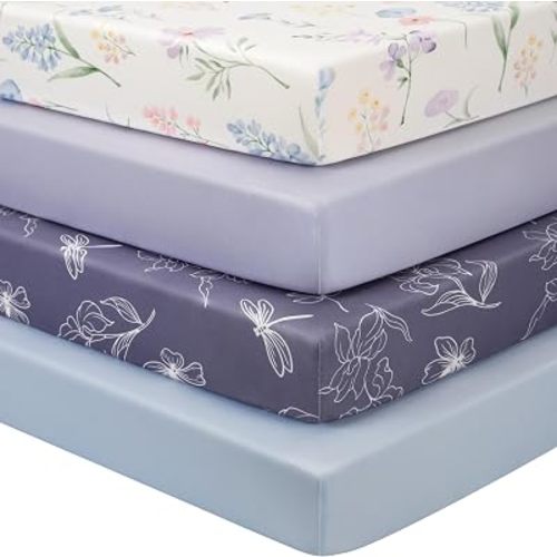 Crib Sheets Girl, Toddler Bed Sheets Fitted for 52”x28”Standard Crib and Toddler Mattresses, 4 Pack Soft Breathable Stretchy Blue Purple Flower