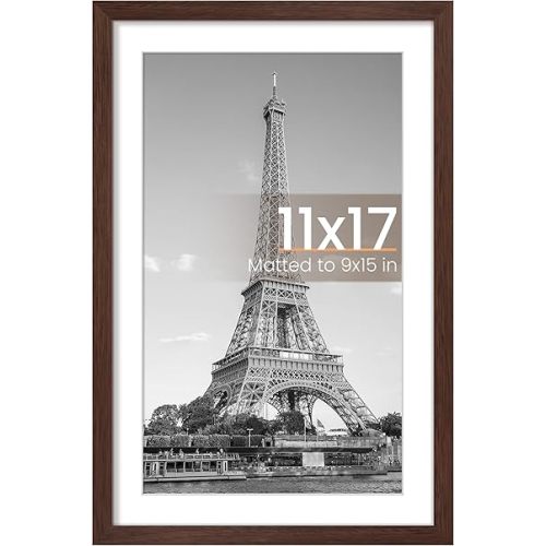 upsimples 11x17 Picture Frame, Display Pictures 9x15 with Mat or 11 x 17 Without, Wall Hanging Poster Frames, Brown, 1 Pack