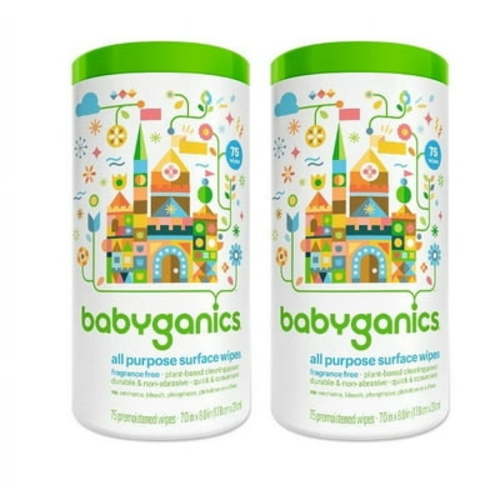 Babyganics All Purpose Surface Wipes, Fragrance Free, 75 Count Plant Based and Non-Abrasive, No Ammonia, No Bleach (Pack of 2)