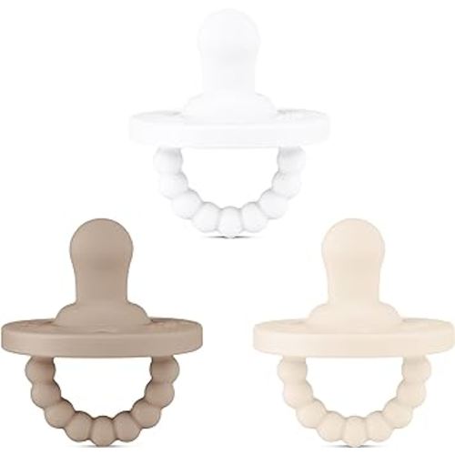Ryan & Rose Cutie PAT All-in-One Pacifier and Teether Massaging Teething Ring and Hideaway Binky for Growing Babies (Canvas (3 Pack), Flat)