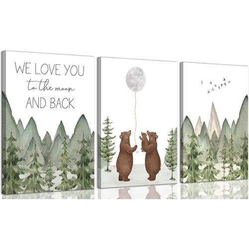 Tertiosh 3Pcs Baby Bear Nursery Canvas Wall Art Woodland Brown Bear Wall Decor Picture Mountain Nursery Print Love You To The Moon And Back painting Artwork for Boy Girl Newborn Home Decor 16x24in