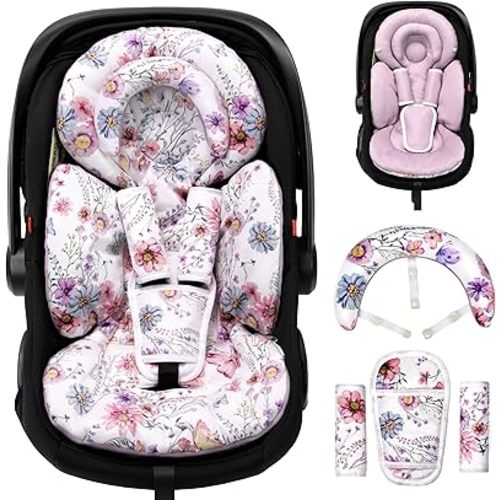 Infant Car Seat Insert with Extra Cushion for Preemie to Toddler, Reversible Newborn Carseat Insert Head Support, Fits for Stroller, Baby Swing, Rocker, Bassinets, Bouncer (Purple Wildflower)