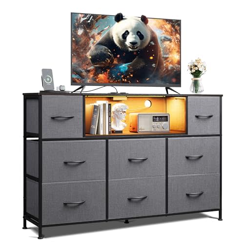 WLIVE Dresser for Bedroom, TV Stand for Bedroom for 55 inch TV with Charging Station and LED Lights, Fabric Chest of Drawers with Open Shelves, 8 Drawers Dressers for Living Room, Closet, Dark Grey