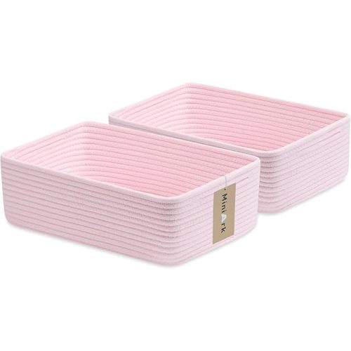 Large Shallow Organizing Baskets 15x11x5.1 Inches - Rope Woven Storage Bins for Bathroom, Shelves, Cube Closet, Light Pink 2 Packs