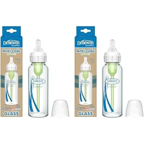 Dr. Brown’s Natural Flow® Anti-Colic Options+™ Narrow Glass Baby Bottle 8 oz/250 mL, with Level 1 Slow Flow Nipple, 2 Pack, 0m+