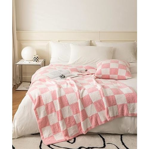 Ultra-Soft Buffalo Checkerboard Grid Fluffy Microfiber Knitted Throw Blanket Super Cozy Lightweight Checkered Bed Blanket for Sofa Couch Bed Pink 51"X63"