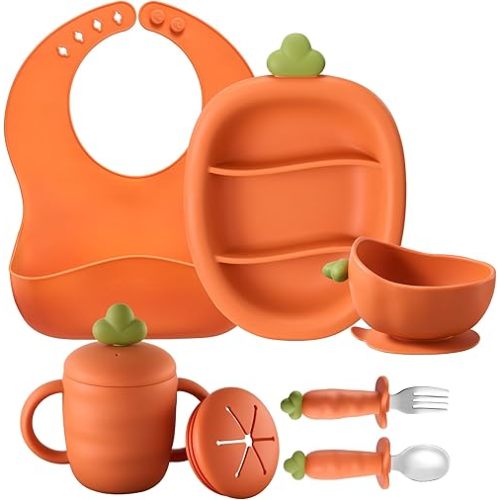 Silicone Baby Feeding Set, Carrot Design BLW Toddler Feeding Set with Suction Plate & Bowl, Bib, Fork & Spoon, 2-in-1 Straw and Snack Cup, BPA-Free Baby Tableware for Starting Solids