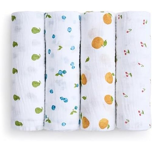 aden + anais Boutique 100% Organic Cotton Muslin Swaddle, Breathable Baby Blanket, Ideal for Boys, Girls, Newborns, Babies & Infants, Receiving Blanket, Soft and Lightweight Wrap, 4 Pack, Fresh Fruit
