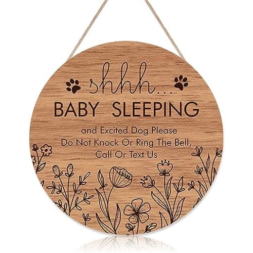 Funny Baby Sleeping Hanging Sign Plaque, Do Not Knock Or Ring The Bell, Round Wooden Door Hanger for Baby Room, Nursery, Front Door, Door Knob Decor (12x12inch)