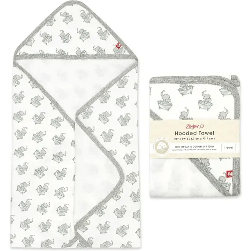 Zutano Hooded Baby Towels, Organic Cotton Baby Bath Towel, Ultra Soft and Absorbent Baby Towel for Newborn and Infant | Girl, Boy, and Unisex Towel Set, Elephant Bath Time, 1-Pack